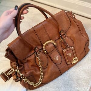 Prada Tan Leather Satchel with Gold Accents